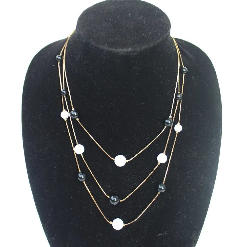 Vtg Art Deco 3 String Beaded Retro MCM Abstract Costume Jewelry Necklace
